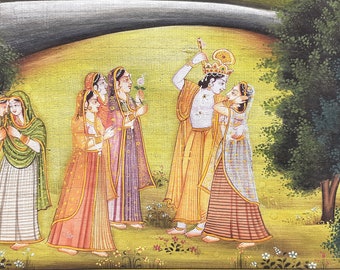 Radha Krishna painting, watercolour, Silk Cloth painting, Original Handmade Indian miniature painting, Krishna Art, Hindu God Goddess