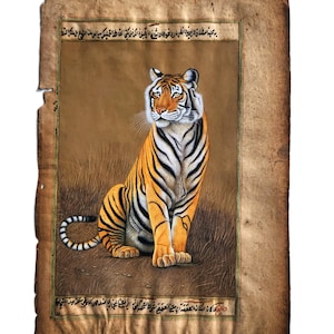 Royal Bengal tiger Picture, Indian Miniature Painting, Mughal miniature Painting, Tiger artwork, painting artist from India, Old painting
