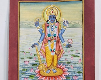 Handmade Vishnu Watercolor Painting: Indian Miniature Art, Real Gold Ink