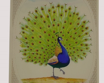 Hand Painted Peacock Miniature Painting: Indian Mineral Watercolor Art, Peacock Wall hanging, Original Indian Miniature painting, Tiny art