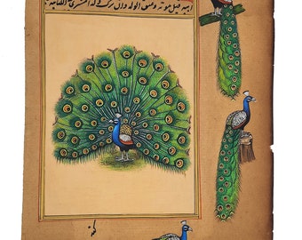 Indian Miniature Painting Of Dancing Peacock, Original Gouache Art Work On Vintage Paper, Hand painted Bird wall Hanging, Birds art