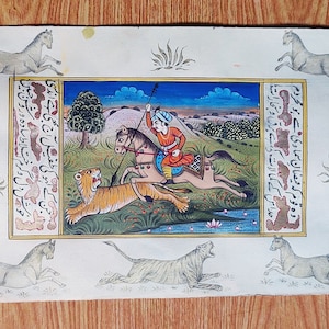 Hunting scene Mughal art Painting Original Maharaja hunting painting, Mughal Miniature painting, Handmade Tiger hunting painting
