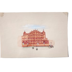 Set di 3 immagini di forti e palazzi indiani, Forte Amber di Jaipur, Palazzo del Vento, Città Rosa, Tajmahal di Agra, miniatura indiana,