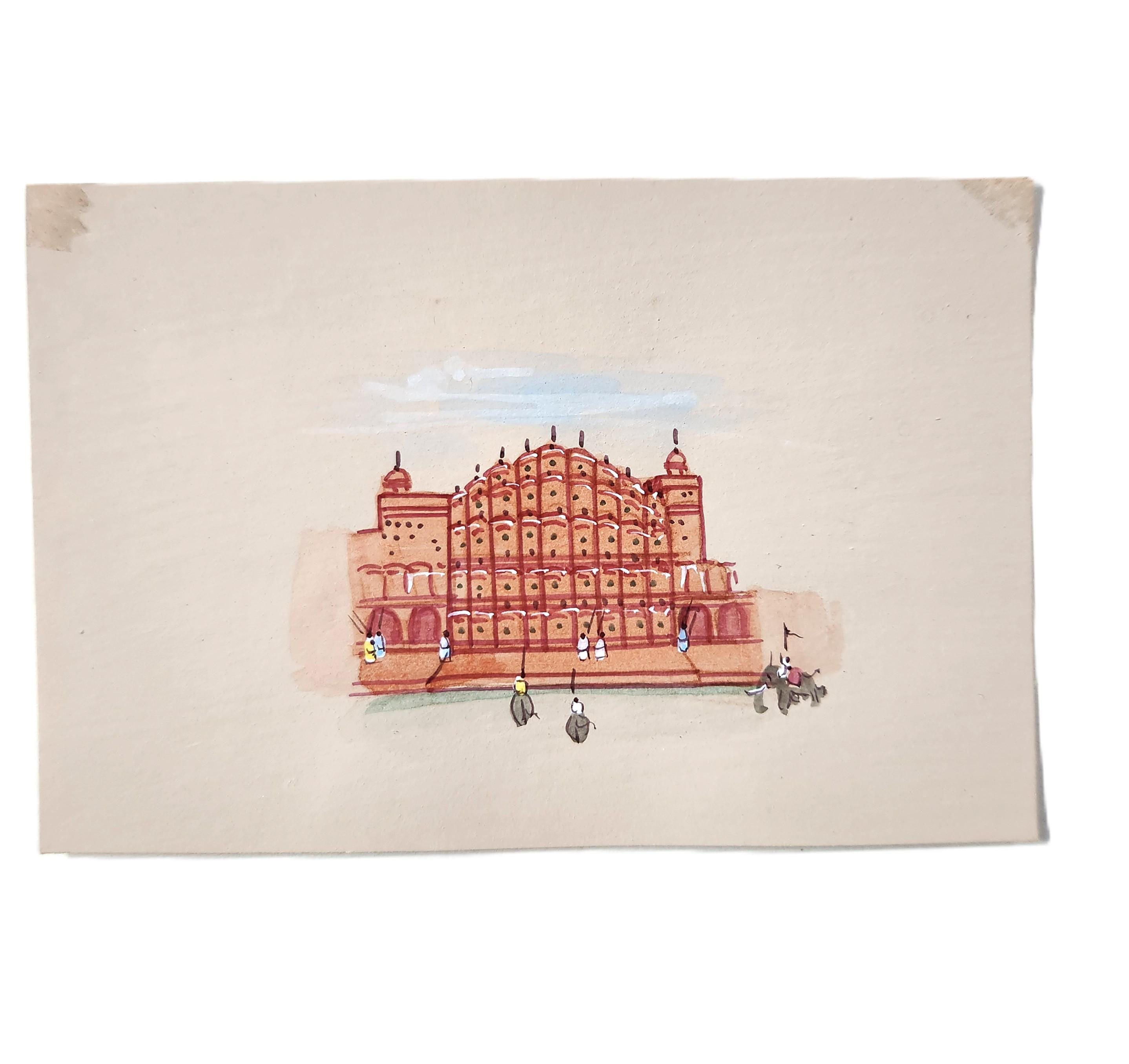 インドの要塞と宮殿の絵3枚セット、ジャイプールのアンベール城、風の