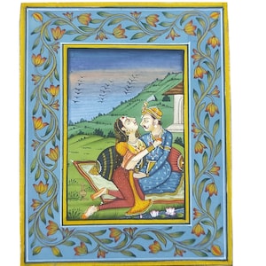 Indische Liebe Malerei, Miniaturmalerei für Wand, Wandbehang, Mughal Miniaturmalerei, indische Miniaturmalerei für die Wand 2er-Set