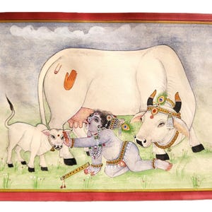 Indian holy cow, Pichwai painting, Baby Krishna Image, Krishna Picture, Hindu God Goddess painting, Kamal talai pichwai painting, Shrinathji