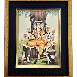 Shri Dattatreya bhagwan Hand painted painting l  Original Indian miniature painting of Hindu God and Goddess l Hinduism painting for temple