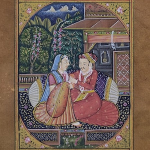 Indian Miniature painting of Royal couple on Paper Indian vintage love Painting lMughal Emperor and Empress love scene painting Wall hanging