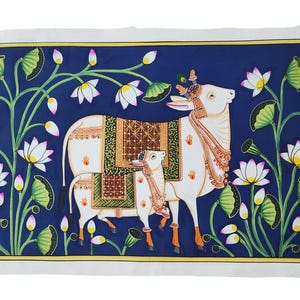 Cow and Lotus pichwai painting on cotton cloth, Gift for Indian friend