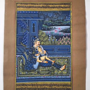 Dipinto in miniatura indiano dell'imperatore e dell'imperatrice Mughal in una scena d'amore Antica arte Mughal su carta / Dipinto d'amore indiano per la decorazione della parete