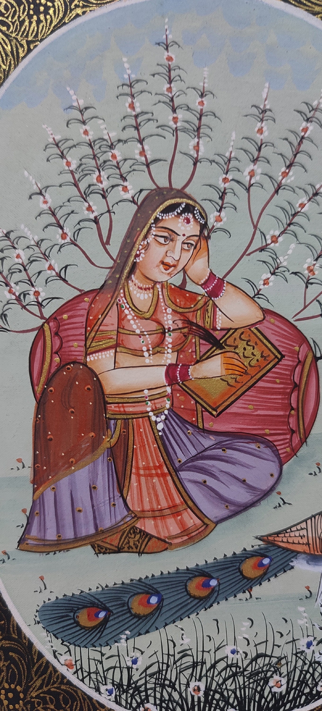インド細密画：鹿を抱く王族の女性、絹織物アート - Etsy 日本