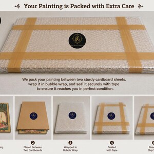May include: A rectangular painting wrapped in clear bubble wrap and secured with tan adhesive tape. Below, five sequential steps illustrate the packaging process: the painting, placement between cardboard, wrapping, taping, and the final package.