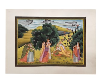 Krishna Radha Silk Painting: Handmade Hindu Miniature Art