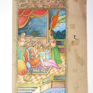 Handmade Miniature Painting of Indian Mughal Emperor and Empress Love Scene I  Mughal Harem Art on Vintage Paper for Wall Décor | Indian art