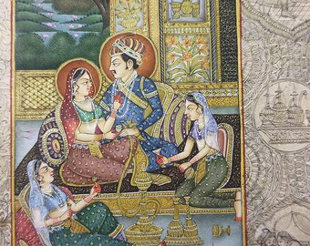 インド細密画、マハラジャとマハラニ、ムガル美術、壁掛け、結婚祝い