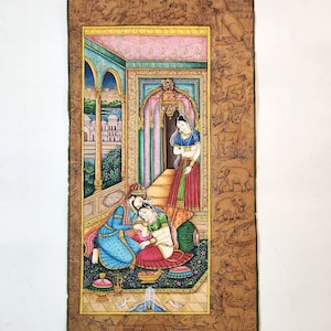 Indian Miniature Painting Of Mughal Emperor Empress in Love Scene With His Mistress Fine Art On Paper | l Rare Indian Mughal Harem wall Art