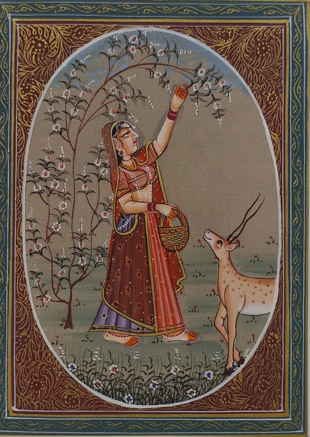 Indian miniatureインドの女性と鹿の絵画 Indian miniatureインドの