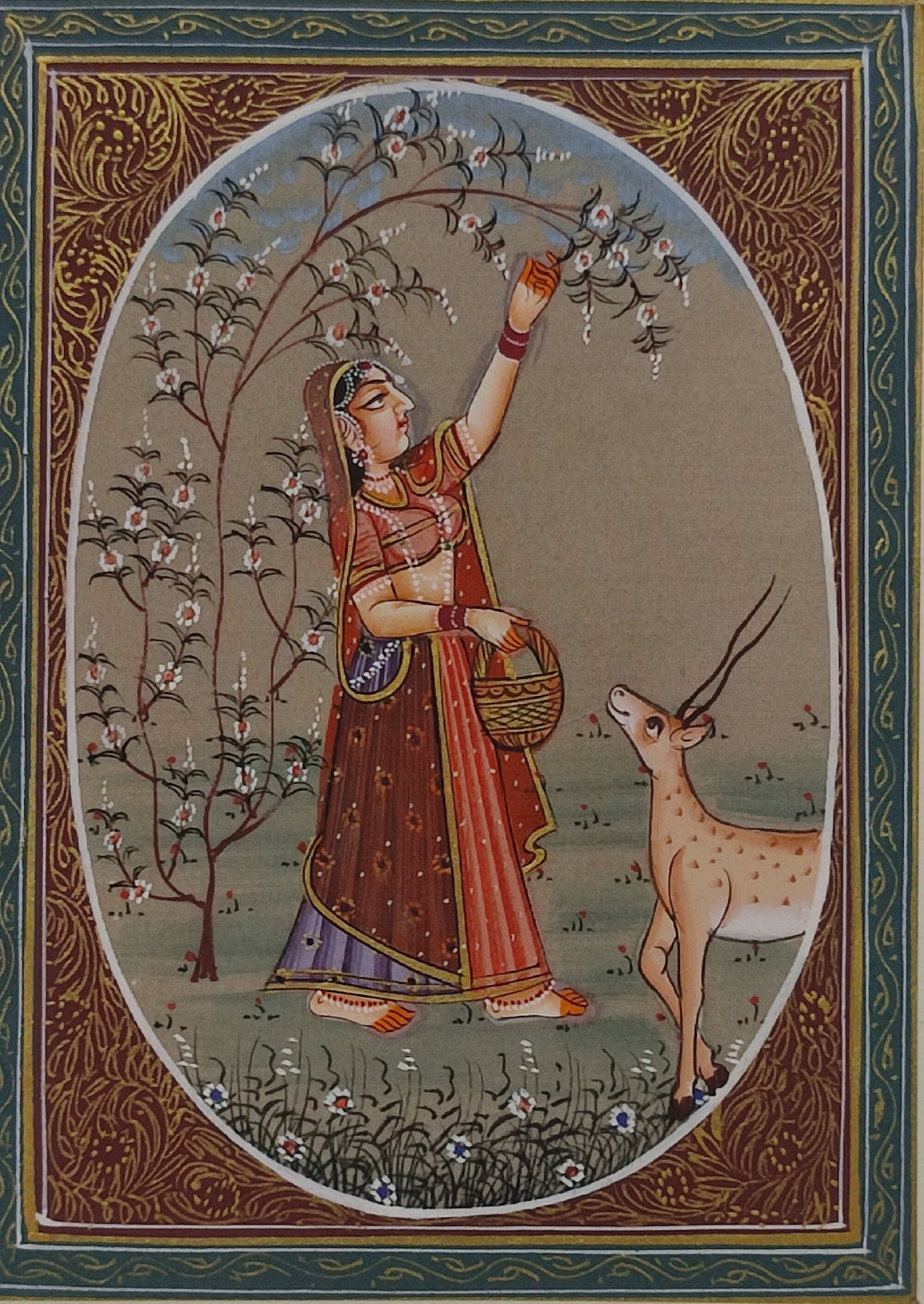インド細密画：鹿を抱く王族の女性、絹織物アート - Etsy 日本