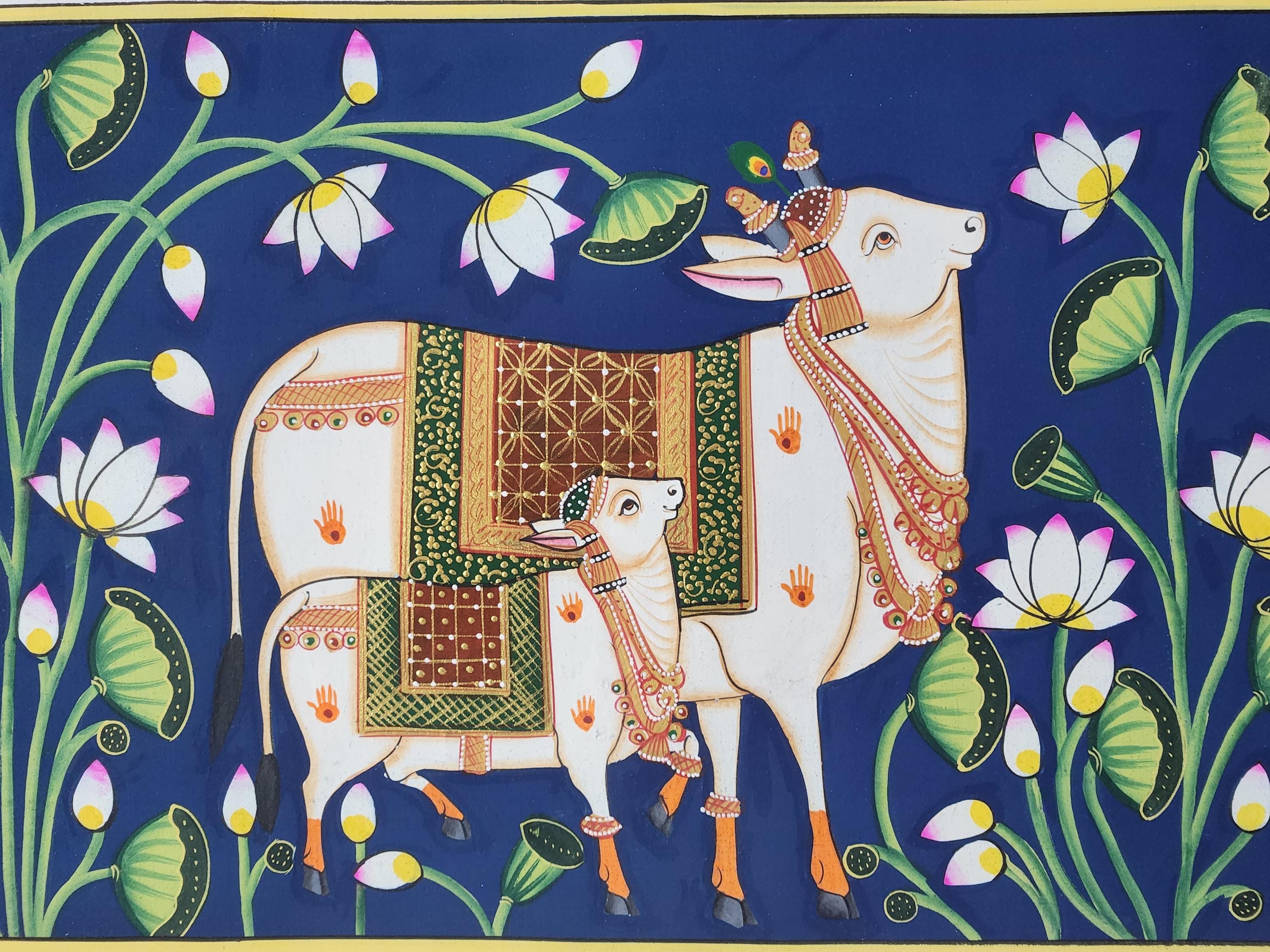 インド手描きピチャワイ画　牛と蓮の花の絵画 アート・写真 インド手描きピチャワイ画 牛と蓮の花の絵画