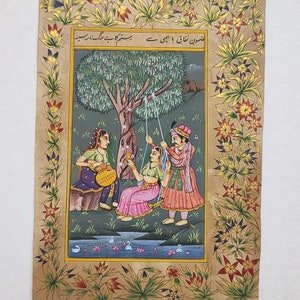 Dipinto originale indiano Mughal re e regina scena d'amore in miniatura, dipinto scena Mughal Haram, dipinto scena d'amore, guazzo su carta