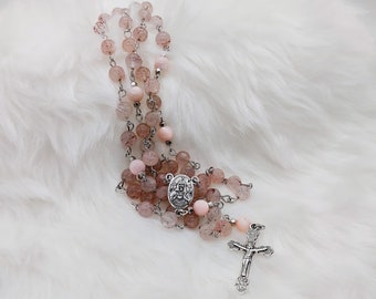 Rose Quartz Gemstone and Mother of Pearl Sacred Heart Catholic Rosary