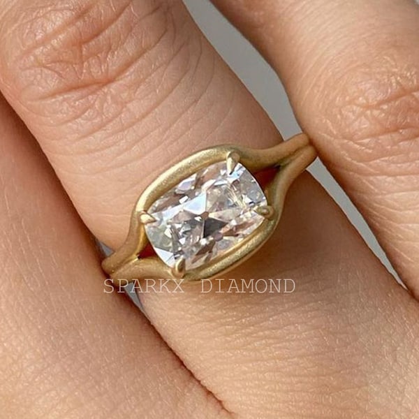 East West Old Mine 2.50 CT Cushion Cut Moissanite Engagement Ring, Split Shank Wedding Ring, Classic Solitaire Gold Anniversary Gift For Her