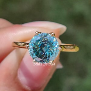 Anello taglio portoghese con moissanite blu verdastra, anello di fidanzamento portoghese rotondo con griffe a tulipano, solitario con diamante, anello nuziale, regalo per lei