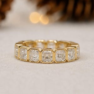 Alianza de boda Asscher de eternidad completa para mujer, engastada en bisel, corte Asscher, moissanita, minimalista, para fiesta, propuesta, regalo para esposa