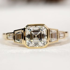 Asscher Cut Moissanite Engagement Ring, Five Stone Bezel Set Anniversary Ring