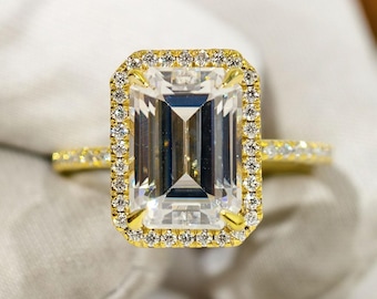 Emerald Cut Moissanite Halo Engagement Ring, Gorgeous Hidden Halo Pave Setting Proposal Wedding Anniversary Ring, Step Cut Birthday Gift