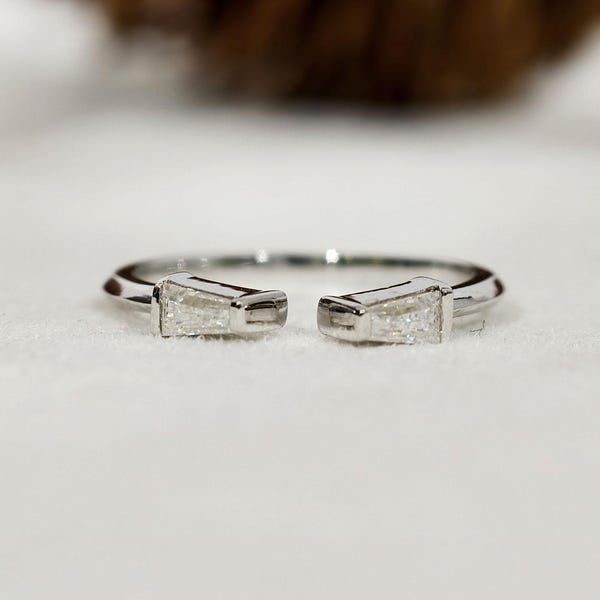 Tapered Baguette Moissanite Open Wedding Band, Minimalist Bezel Set Stackable Band For Women, Modern Anniversary Promise Ring for Her