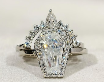 Anillo de compromiso de moissanita con halo de corte ataúd de 3,0 quilates, anillo de boda apilable curvo, anillo de promesa de oro blanco de 14 quilates, anillo nupcial, regalo de cumpleaños