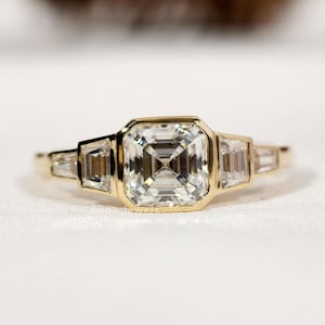 Asscher Cut Moissanite Engagement Ring, Five Stone Bezel Set Anniversary Ring