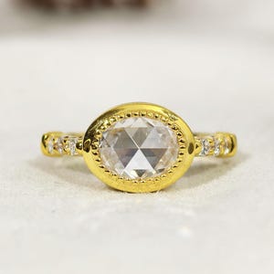 Oval Rose Cut 2.20 CT Moissanite Engagement Ring, Bezel Set Pave Set Milgrain Wedding Ring East West Style Designer Anniversary Gift Ring