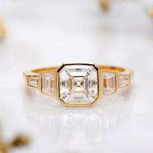 Asscher Cut Ring, Asscher Cut Moissanite Engagement Ring, Bezel Set Anniversary Gift Ring, Five Stone Stackable Proposal Ring For Her