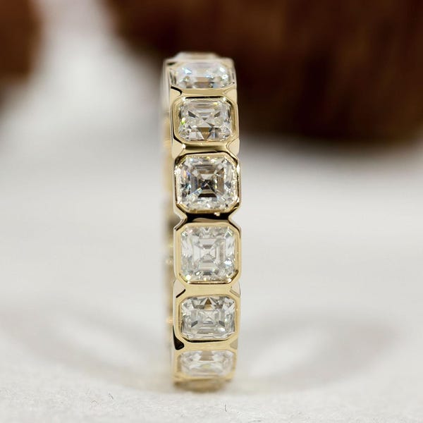 Asscher Cut Lab Grown Diamond Eternity Band, 14K Solid Gold Bezel Set Wedding Band, Square Shape Diamond Modern Anniversary Gift For Wife