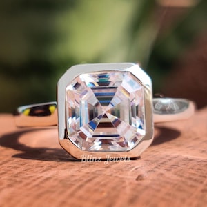 3 Ct Asscher Cut Moissanite Engagement Ring, Bezel Set Solitaire Proposal Ring, Classic Moissanite Promise Ring for Women