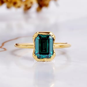 Modern Half Bezel Long Emerald Cut Moissanite Ring, 1.5 Ct Green Emerald Cut Moissanite Engagement Ring, Solitaire Birthstone Wedding Ring