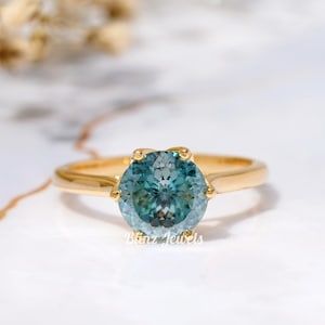 Anello taglio portoghese Moissanite blu verdastro Anello di fidanzamento portoghese rotondo Tulip Prong Solitary Diamond Anello nuziale Regalo per lei