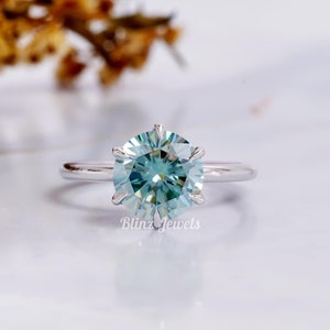 Cyan Blue Moissanite Engagement Ring: Six-Claw Solitaire, 2.0 CT