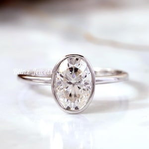 Bezel Set 2 Ct Oval Cut Moissanite Engagement Ring, Elongated Oval Solitaire Moissanite Wedding Ring, Diamond Gift Ring