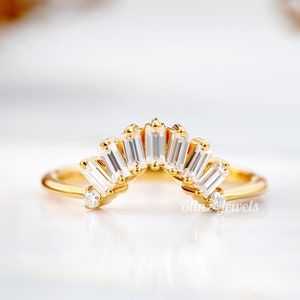 14K Gold Baguette Moissanite Wedding Band: Curved Stacking Ring