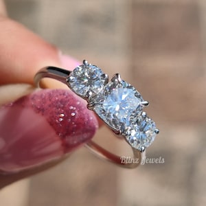 Cushion Cut Three Stone Lab Grown Diamond Engagement Ring, Trio Stone CVD Diamond Ring, IGI Certified Lab Created diamond Wedding Gift Ring