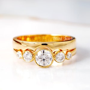 Round Brilliant Colorless Moissanite Bezel Set Bridal Ring, Five Stone Wedding Ring, Solid 14k Yellow Gold Comfort Fit Art Deco Band