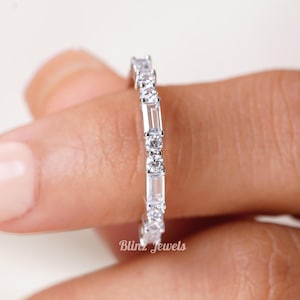 Baguette And Round Cut Wedding Band, Half Eternity Moissanite Anniversary Band, Minimalist Engagement Band For Women, Handmade Gift
