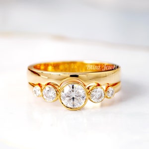 Round Brilliant Colorless Moissanite Bezel Set Bridal Ring, Five Stone Wedding Ring, Solid 14k Yellow Gold Comfort Fit Art Deco Band