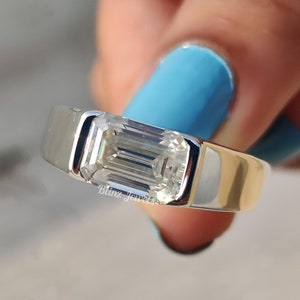 3 CT Emerald Cut Moissanite Engagement Ring, Half Bezel Wedding Ring, Classic Solitaire Men&#39;s Ring East West Proposal Ring Gift Ring For Him