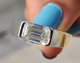 3 CT Emerald Cut Moissanite Engagement Ring, Half Bezel Wedding Ring, Classic Solitaire Men&#39;s Ring East West Proposal Ring Gift Ring For Him