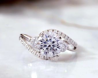 2.5CT Round Cut Moissanite Three Stone Engagement Ring, Swiral Bypass Shank 14K White Gold Wedding Jewelry For Her, Past Present Future Ring