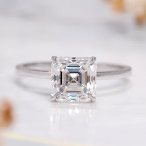 Asscher Cut White Moissanite Ring, Four Claw Prong Set Solid White Gold Ring, Hidden Halo Anniversary Ring For Her, Classic Jewelry For Gift